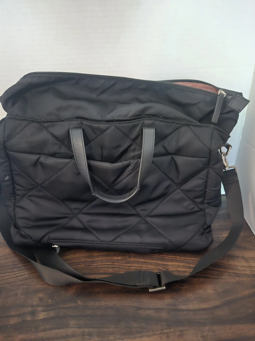 KNOMO Quilted Black Laptop Tote with Adjustable Strap